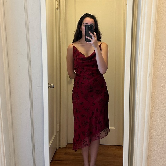 La Belle Dresses & Skirts - La Belle Dark Red Asymmetrical Dress with Cowl Neck & Black Flowers